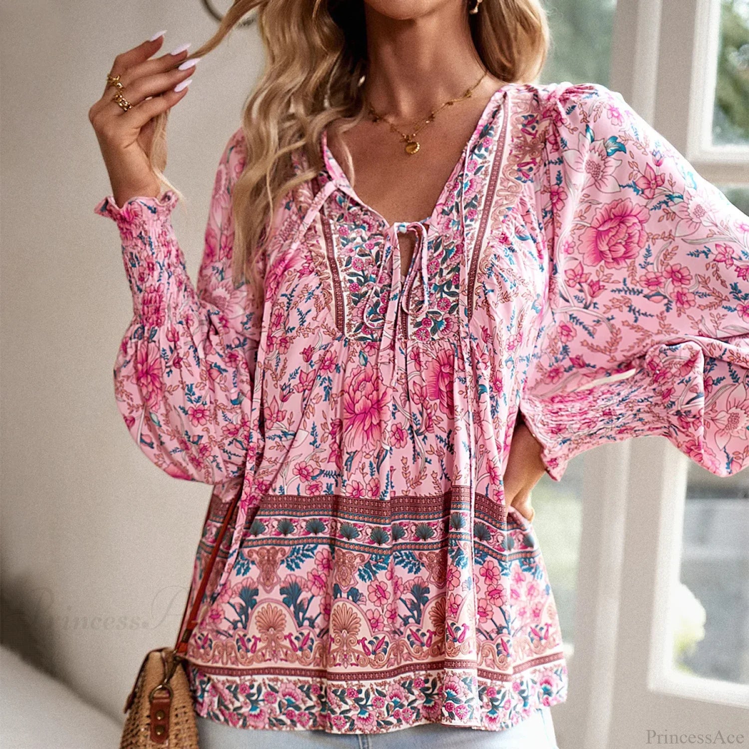 Casual V-Neck Floral Print Long Sleeve Boho Blouse bohoblouse-250126