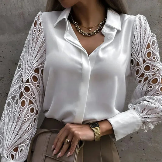 Casual White Lace Hollow-out Button Blouse WHITE / S blouse-250126