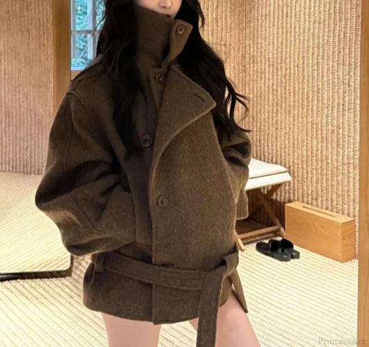 Casual Wool Lace-Up Stand Collar Overcoat coffee / S