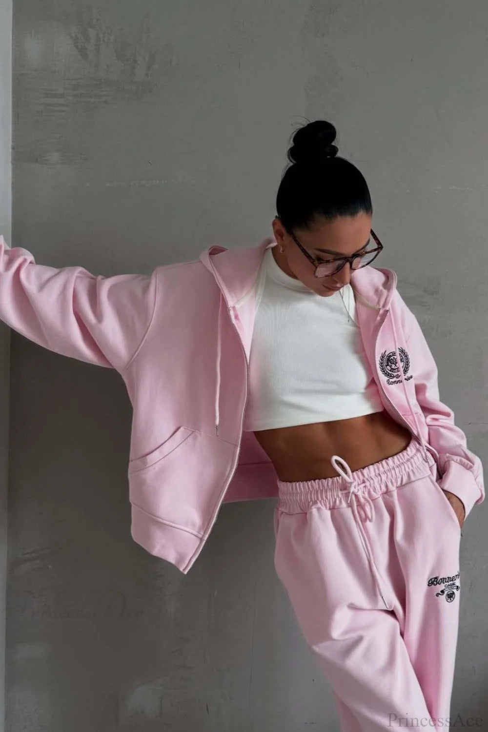 Casual Zip Hooded Embroidered Sweatpants Two Piece Set Pink / S