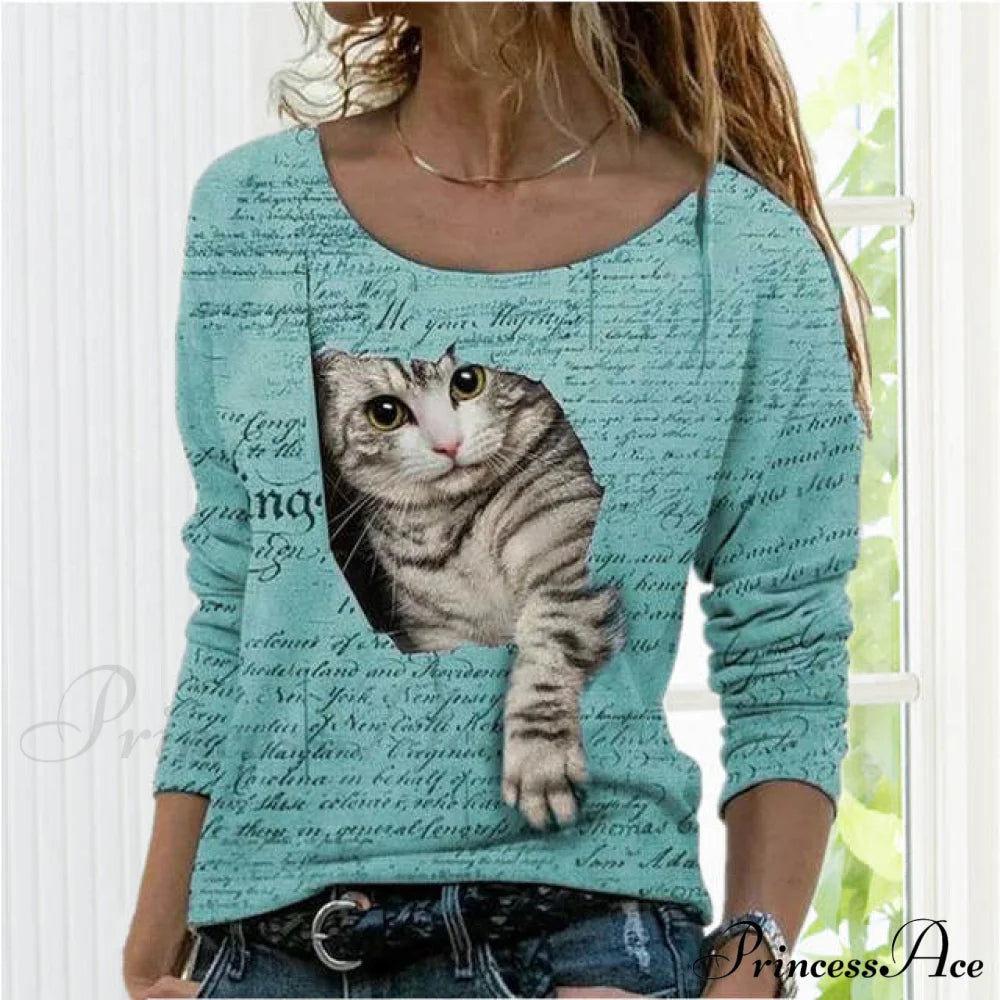 Fashion Cute Cat Print T-Shirt Green Best Sellings clothes Plus Size Sale tops Topseller