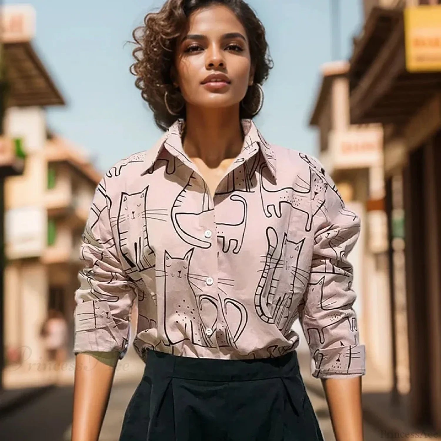 Cat Print Long Sleeve Vintage Casual Blouse blouse-250126