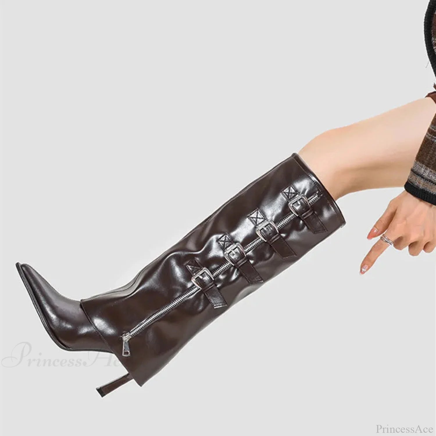 Catwalk Punk Glossy Faux Leather Alloy Clasp Tall Boot Gothic Shiny Leather Metal Buckle Knee-High Boot Brown / 35