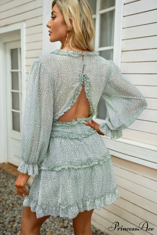 Causal Loose Solid Color Pleated Classic V-Neck Long Puff Sleeves Sweater Dress