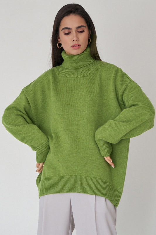 Solid Color High-Neck Loose Knit Sweater Green / S