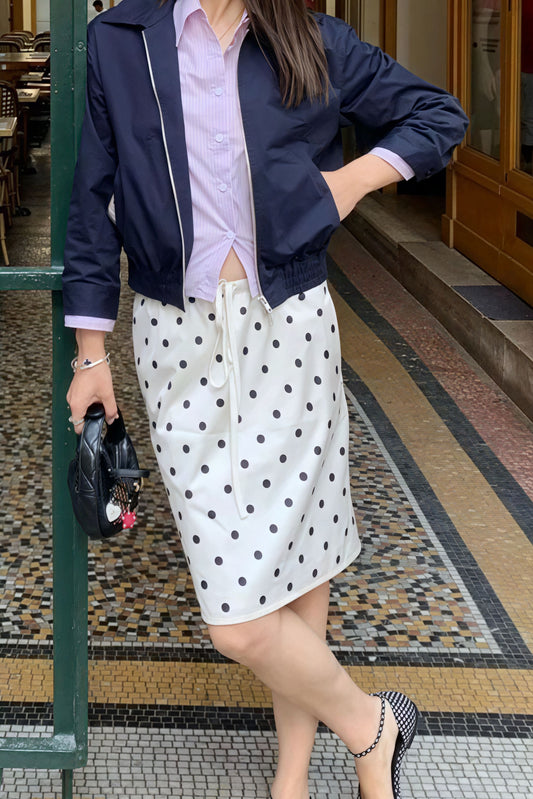 Vintage Satin Polka Dot Drawstring Midi Skirt