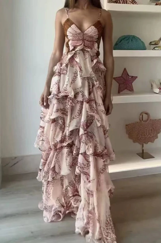 Chic V Neck Pleated Boho Dress Red / S