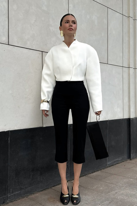 White Cropped Stand Collar Jacket
