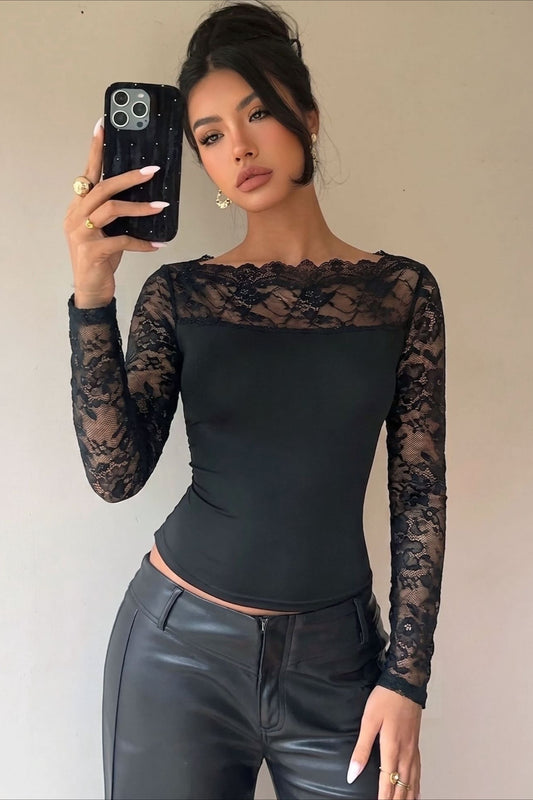 Boat Neck Lace Yoke Long Sleeve Top