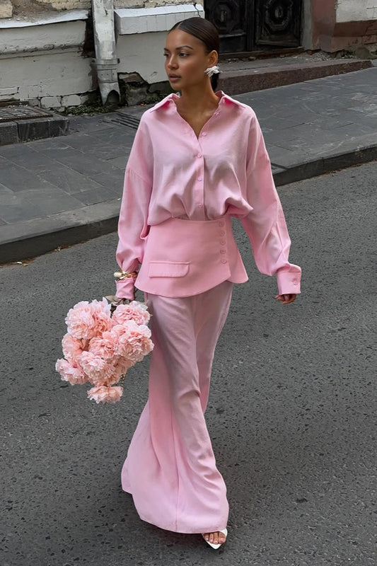 Elegantes, kreatives Streetstyle-Hemdkleid-Zweiteiler-Set mit langen Ärmeln