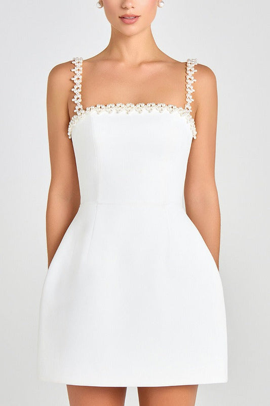Beaded Solid Color Bodycon Cocktail Dress S / White