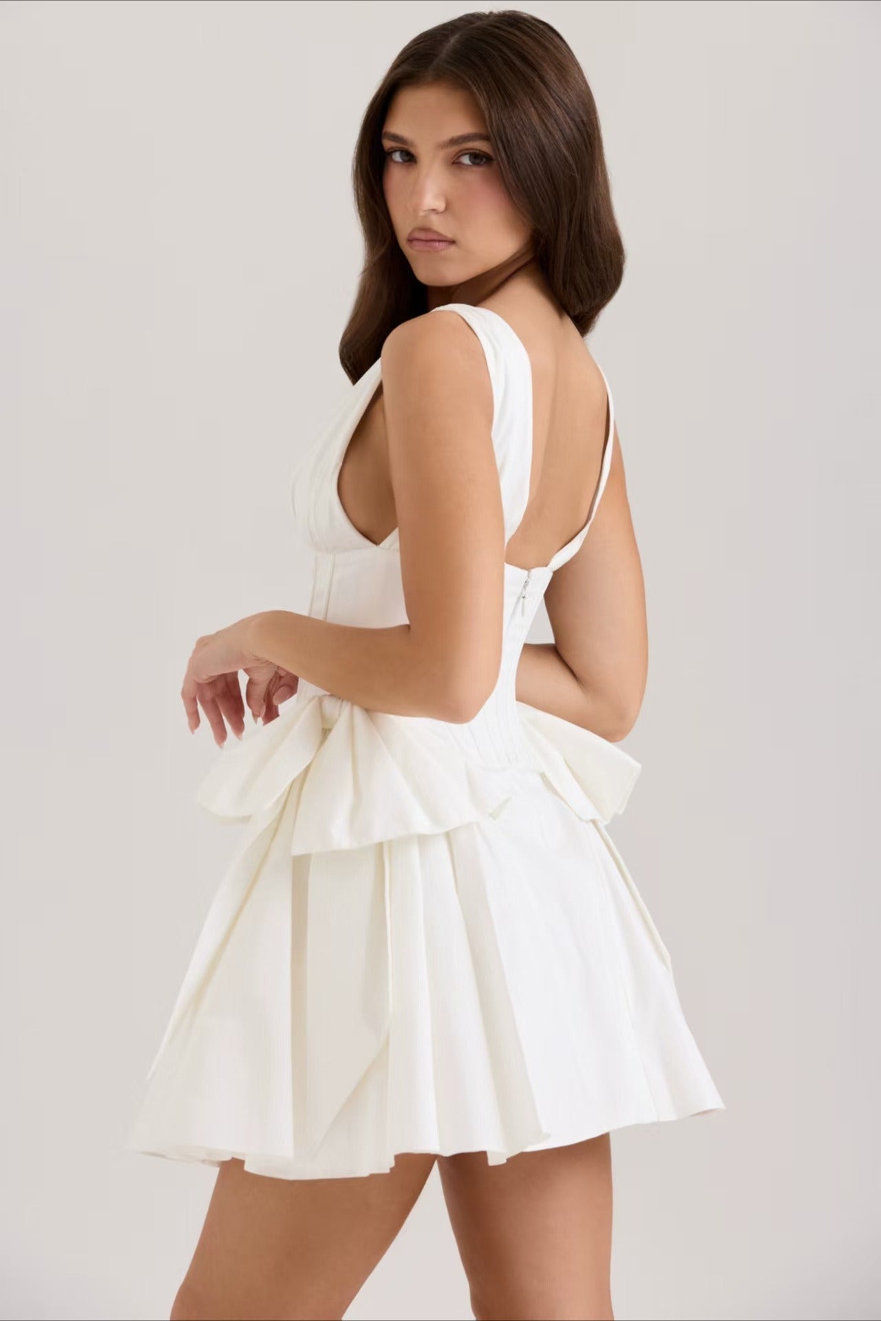 V-Neck Corset Puff Party Dress S / White