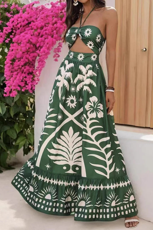 Bedrucktes Neckholder-Maxikleid mit Taillenschnürung