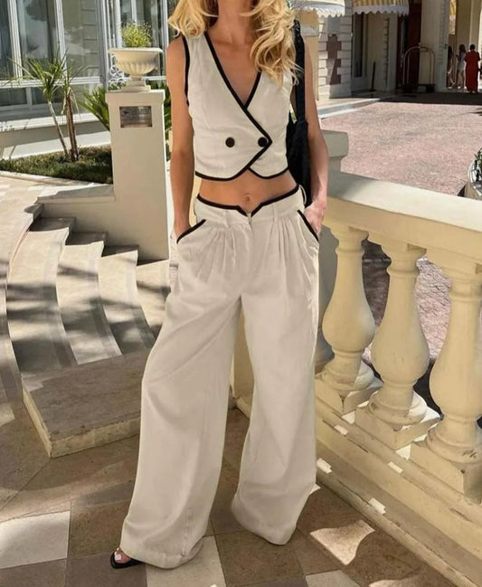 Khakifarbene Patchwork-Taschenhose aus Baumwolle fürs Büro, zweiteiliges Set