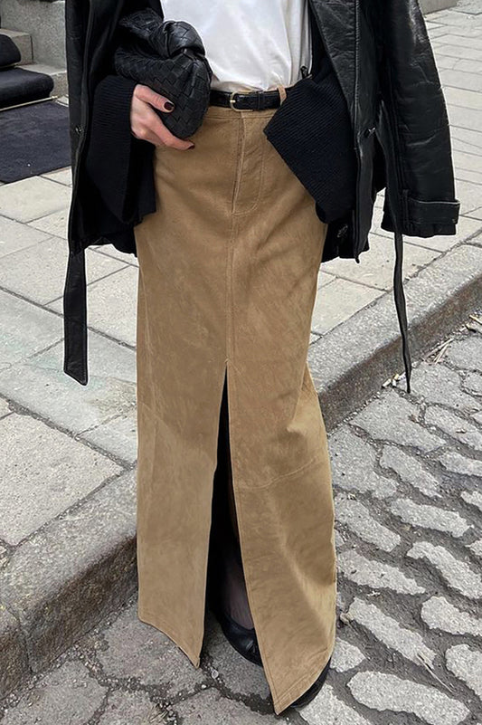 Vintage Wildleder Braun High Waist Split Midirock