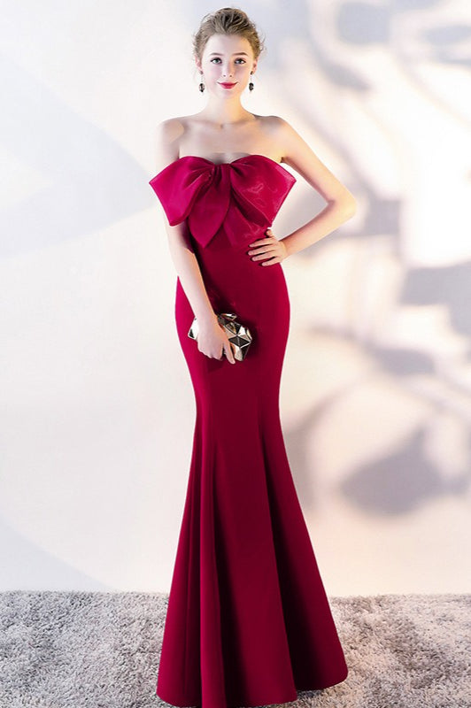 Bow Strapless Mermaid Maxi Party Dress Claret / S