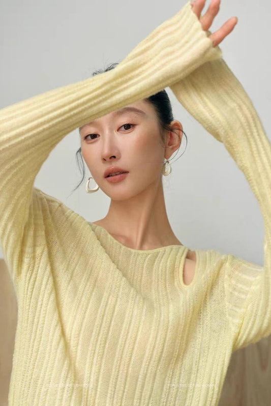 Yaohua Xiyan Französisch Elegantes Woll-Rippstrickoberteil mit Lochmuster