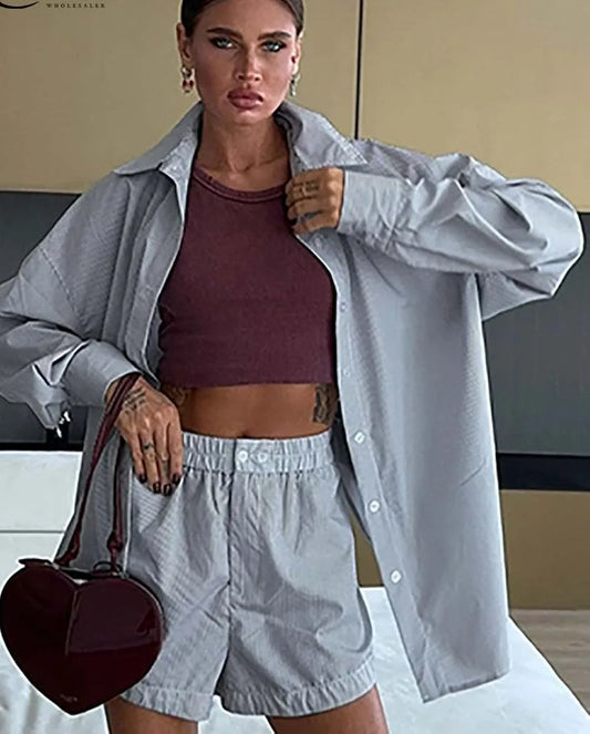 Grau bedrucktes, einreihiges Büro-Zweiteiler-Set mit Shorts