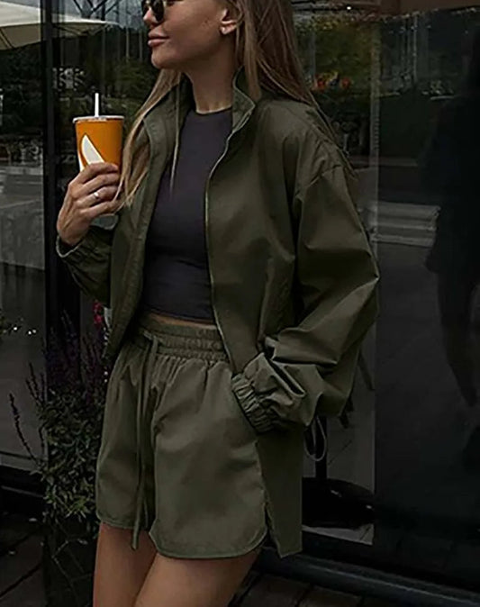 Grüne Shorts mit Reißverschluss und Kordelzug fürs Büro, zweiteiliges Set