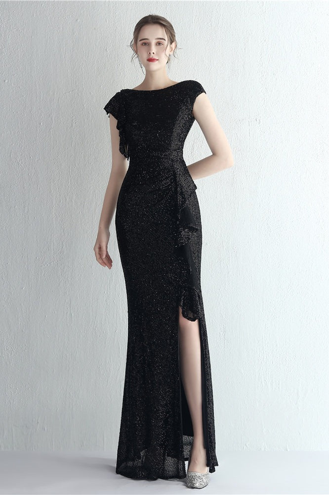Glitter High Neck Mermaid Slit Formal Dress Black / S