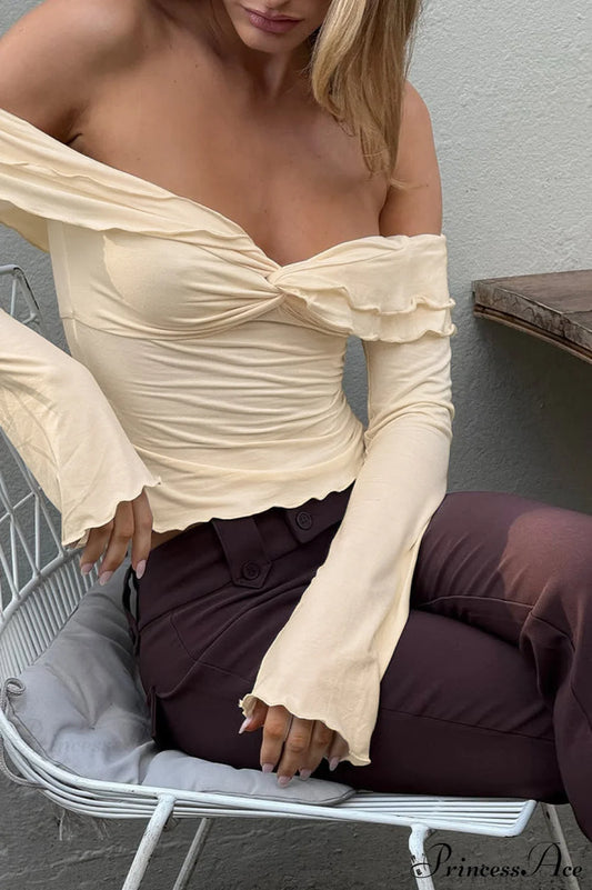 Champagne Ruffled Off Shoulder Modal Long Sleeve Tee