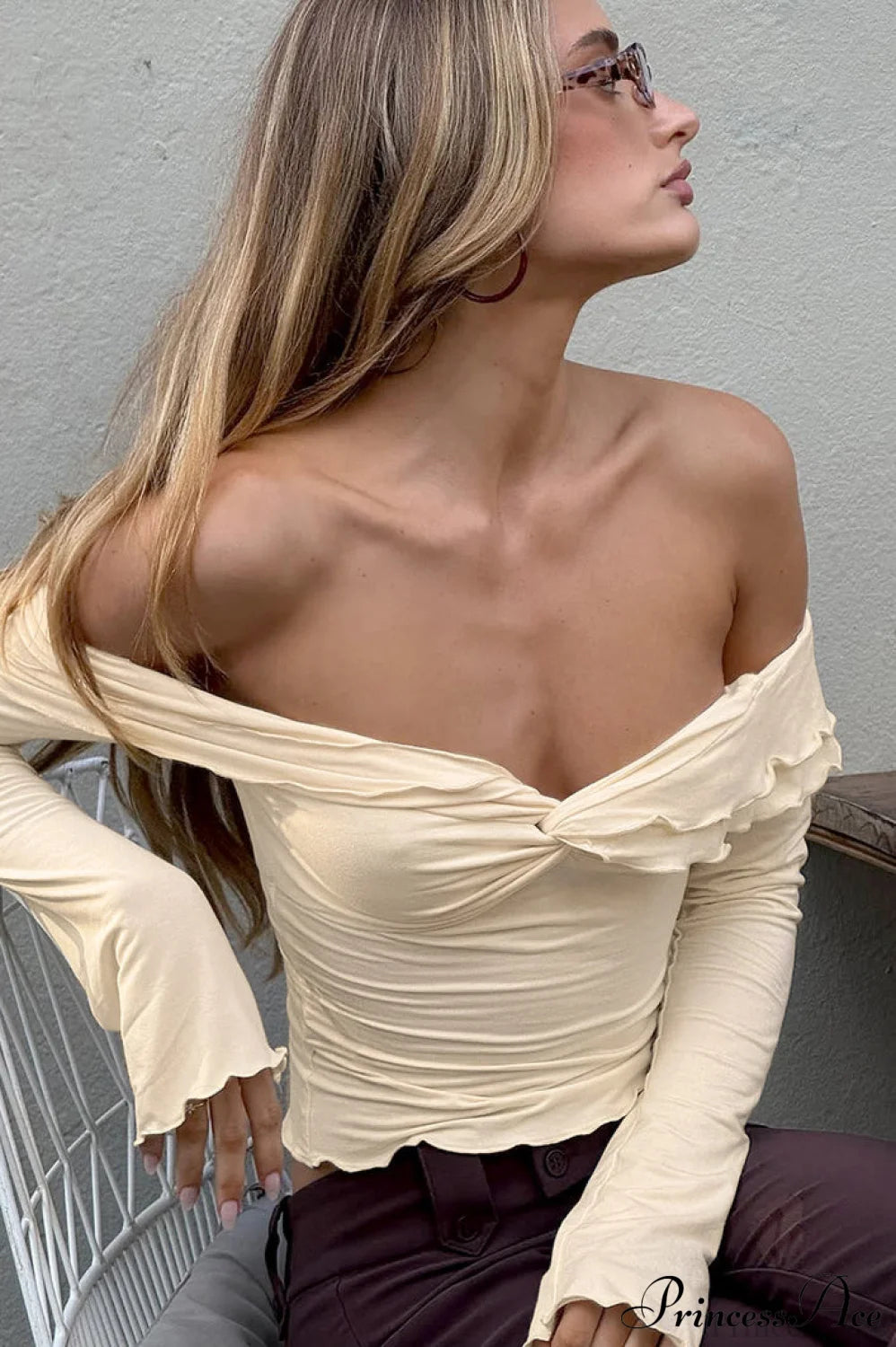 Champagne Ruffled Off Shoulder Modal Long Sleeve Tee