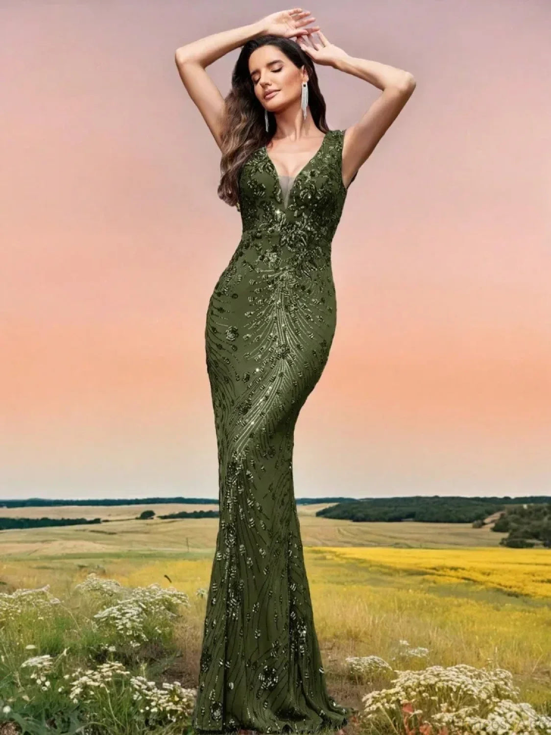 Champagne Sequin Mermaid Party Dress Green / S Partydress-241208