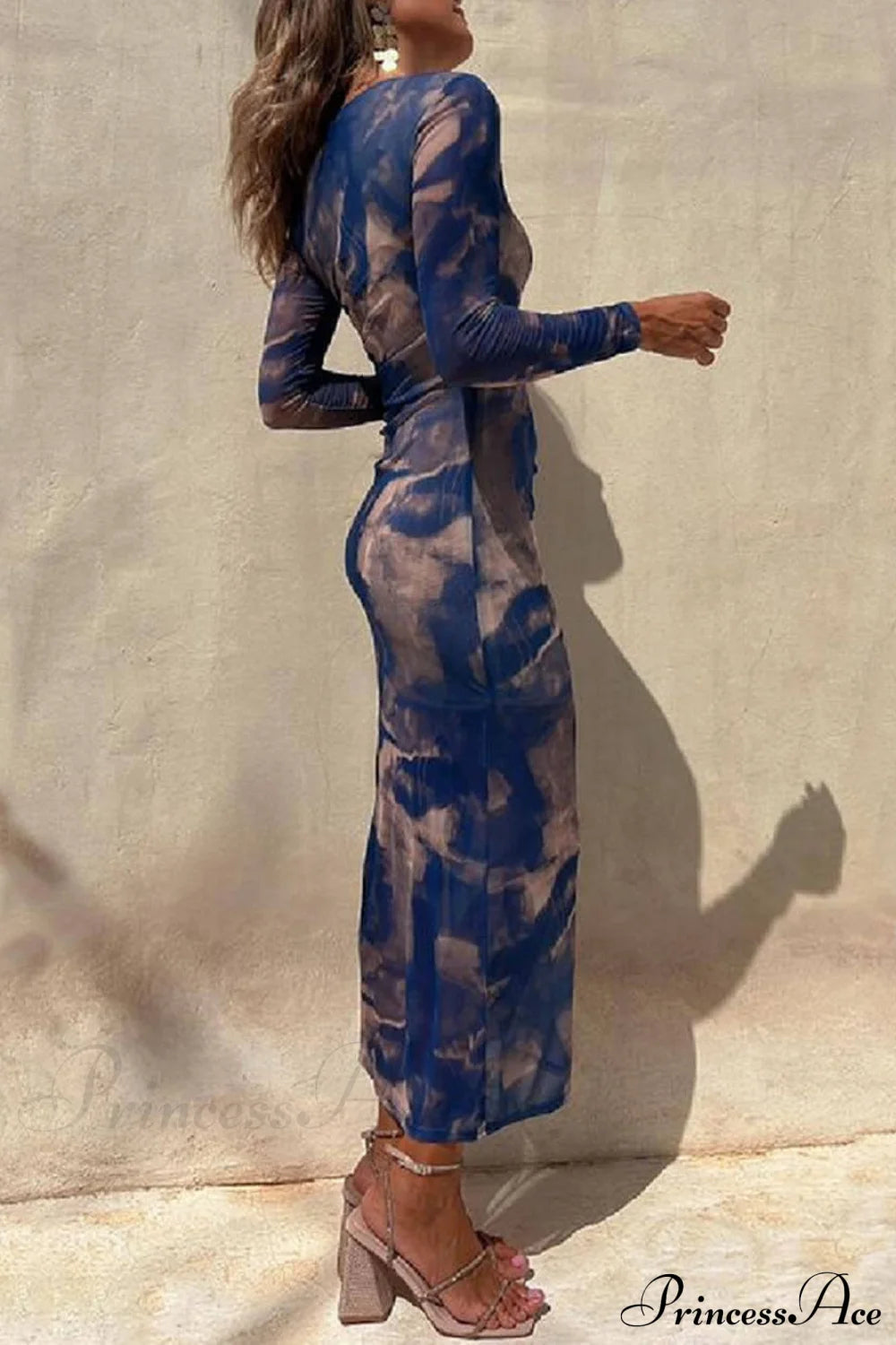 Charm Lady Mesh Overlay Tie Dye Modern Print Long Sleeve Ruched Stretch Midi Dress Dresses