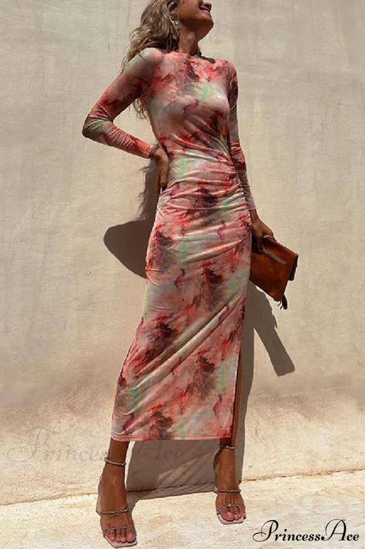 Charm Lady Mesh Overlay Tie Dye Modern Print Long Sleeve Ruched Stretch Midi Dress Pink / S Dresses