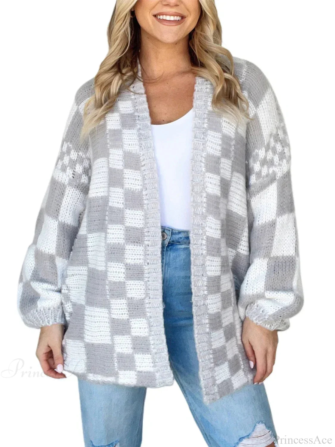 Checkered Loose Long Sleeve Open Front Cardigan GRAY / S