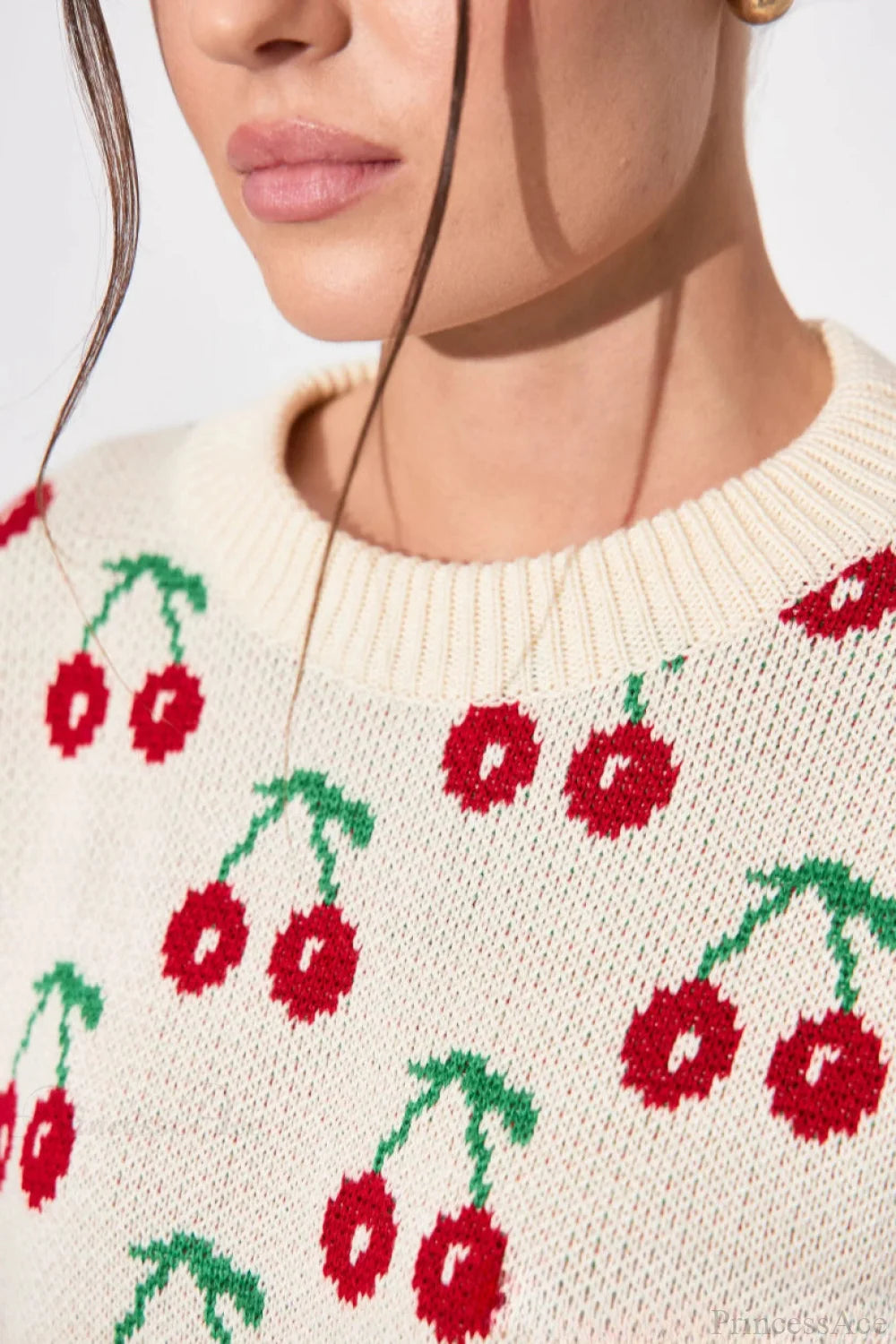 Cherry Crew Neck Mid Length Knit Sweater