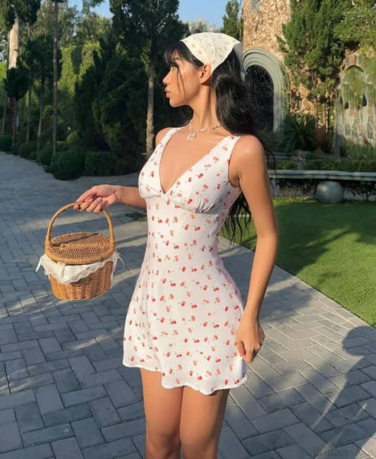 Cherry Print Deep V-Neck Mini Dress minidress-250223