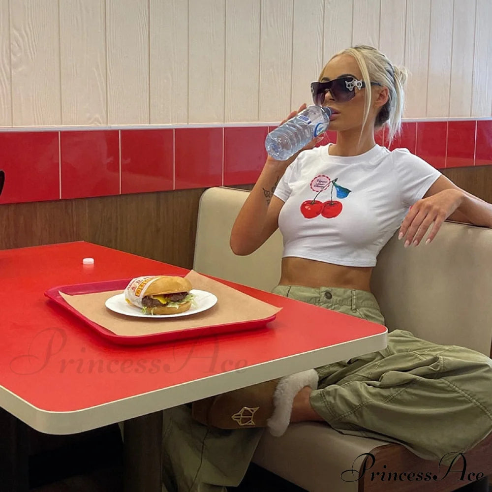 Cherry Print Stylish White Crop Top