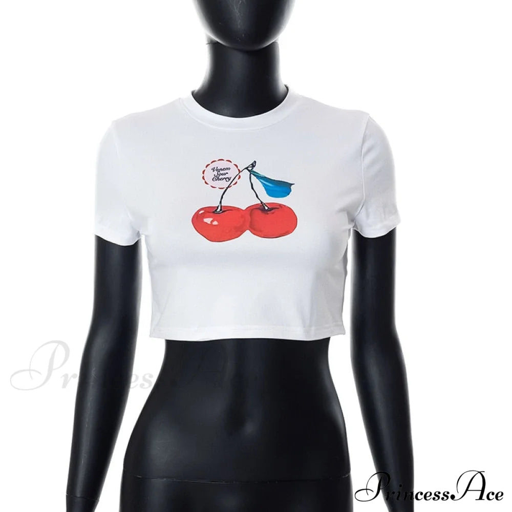 Cherry Print Stylish White Crop Top