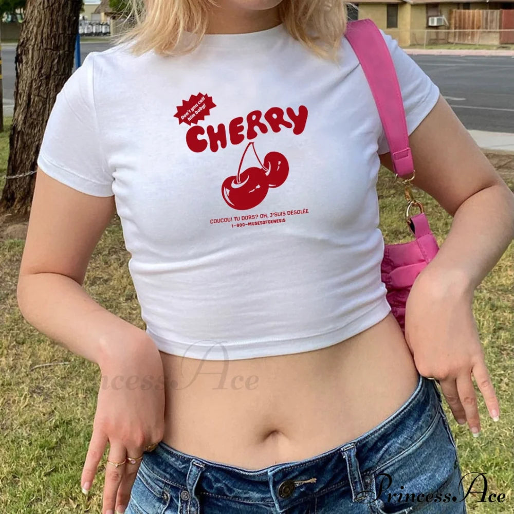 Cherry Red Letter Charming Print White Tee