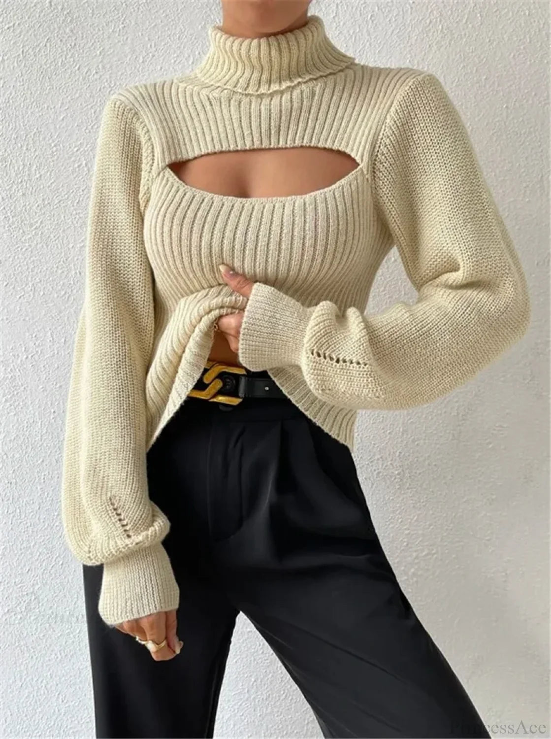 Chest Hollowed-out Turtleneck Sexy Sweater APRICOT / S