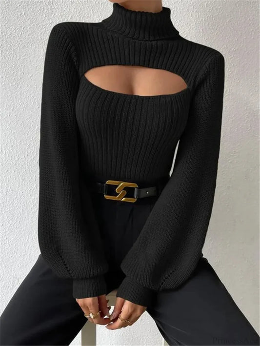 Chest Hollowed-out Turtleneck Sexy Sweater Black / S