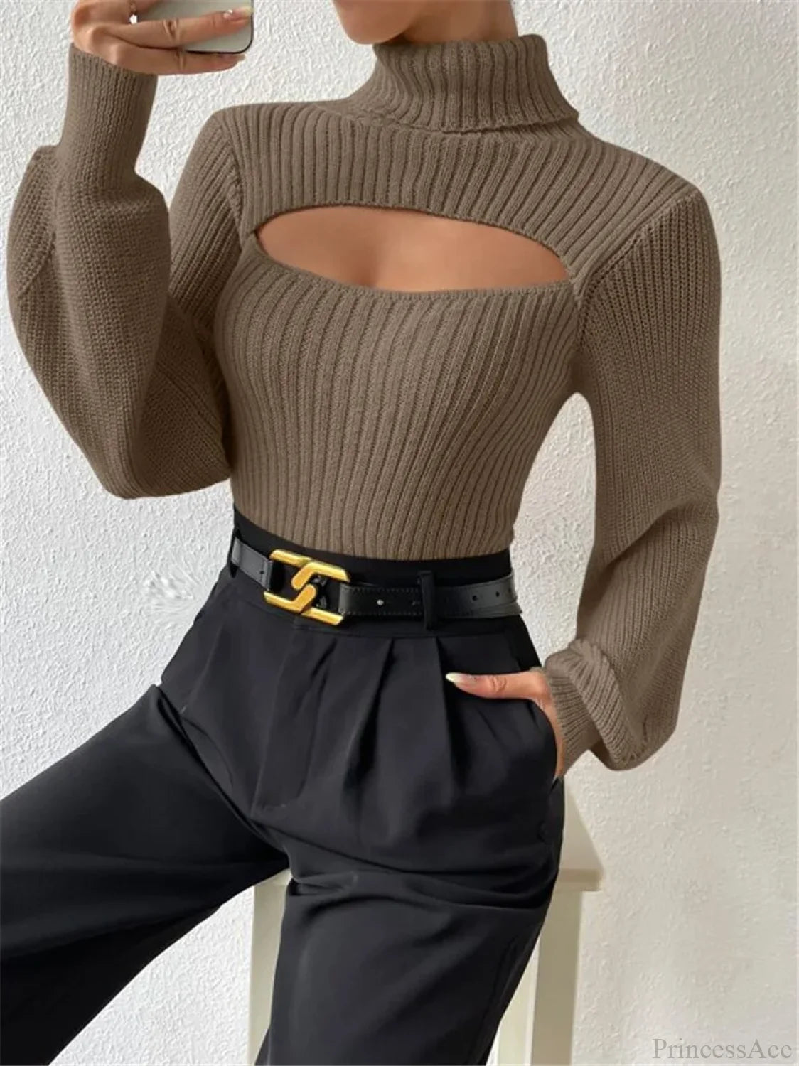 Chest Hollowed-out Turtleneck Sexy Sweater Khaki / S