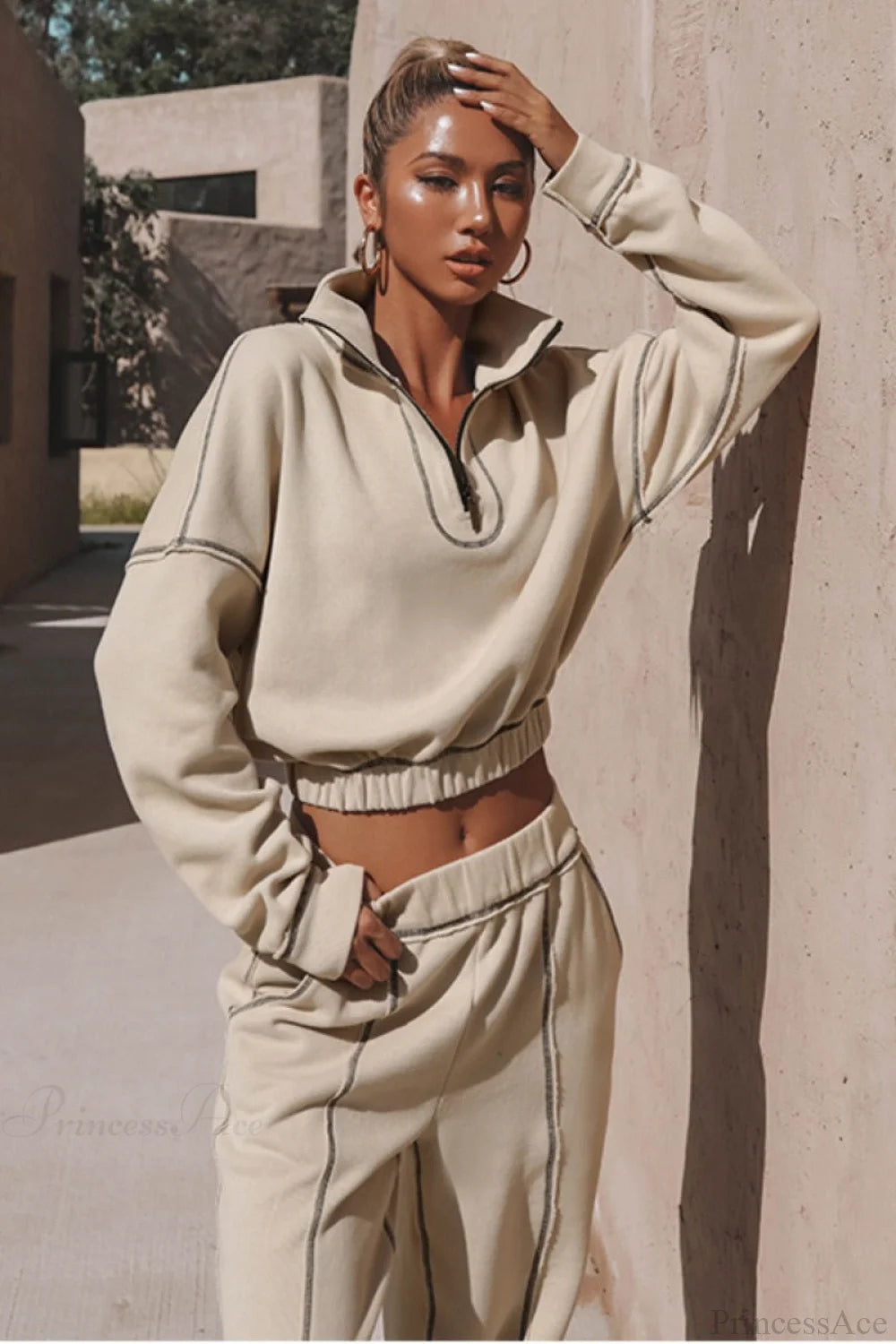 Chic Athleisure Stand Collar Sweatshirt Elastic Jogger Two Piece Set Apricot / S