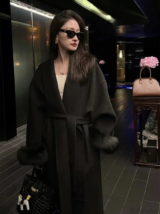 Chic Brown Woolen Tops Overcoat Black / S