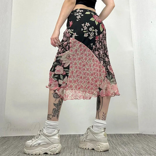 Chic Floral Print Low Rise Patchwork Skirt skirt-250126