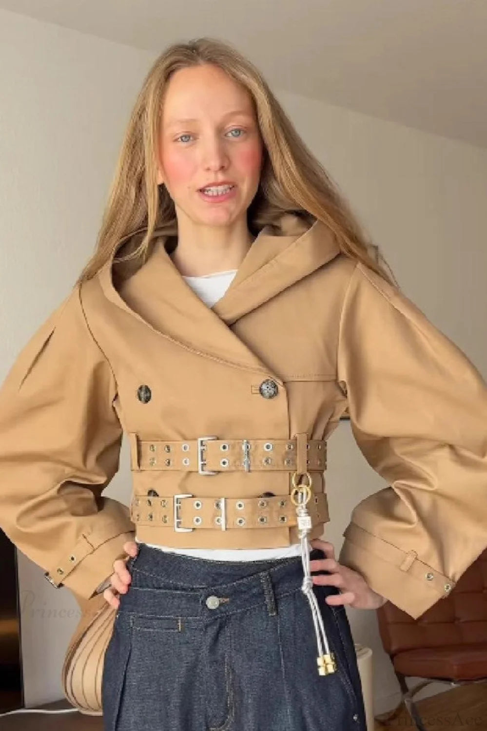 Chic Hooded Double Belted Cropped Coat