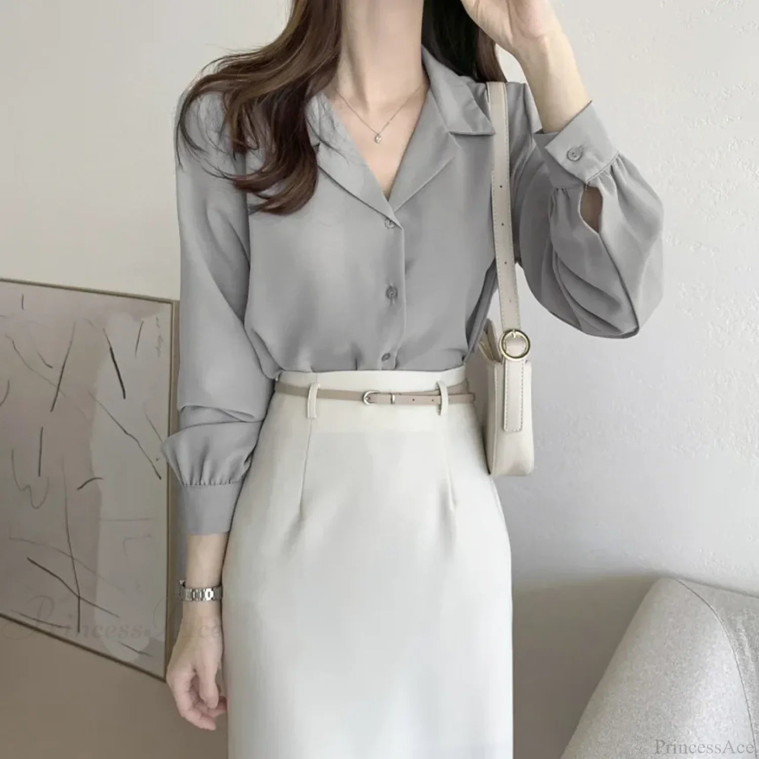 Chic Lantern Sleeve Suit Collar Loose Office Shirt Gray / One Size blouse-250126