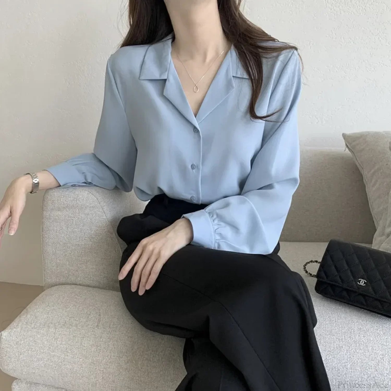 Chic Lantern Sleeve Suit Collar Loose Office Shirt Sky Blue / One Size blouse-250126
