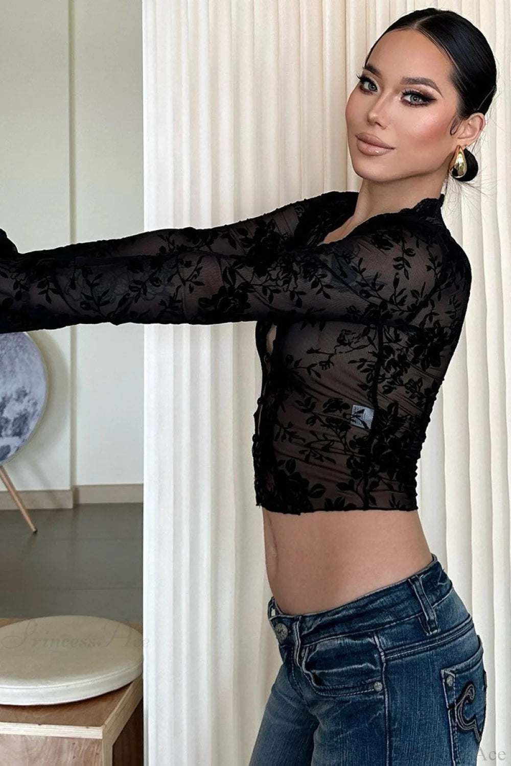 Chic Leopard Print Mesh Lace Trim Blouse