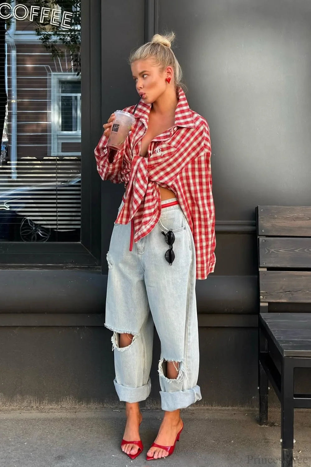 Chic Red Plaid Collared Loose Long Sleeve Blouse