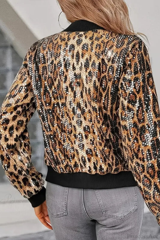 Chic Sequin Leopard Print Baseball Short Jacket