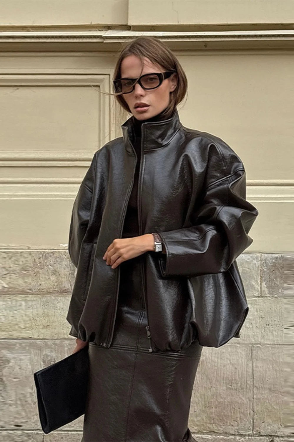 Chic Solid Patent Leather Stand Collar Jacket Skirt Two Piece Set