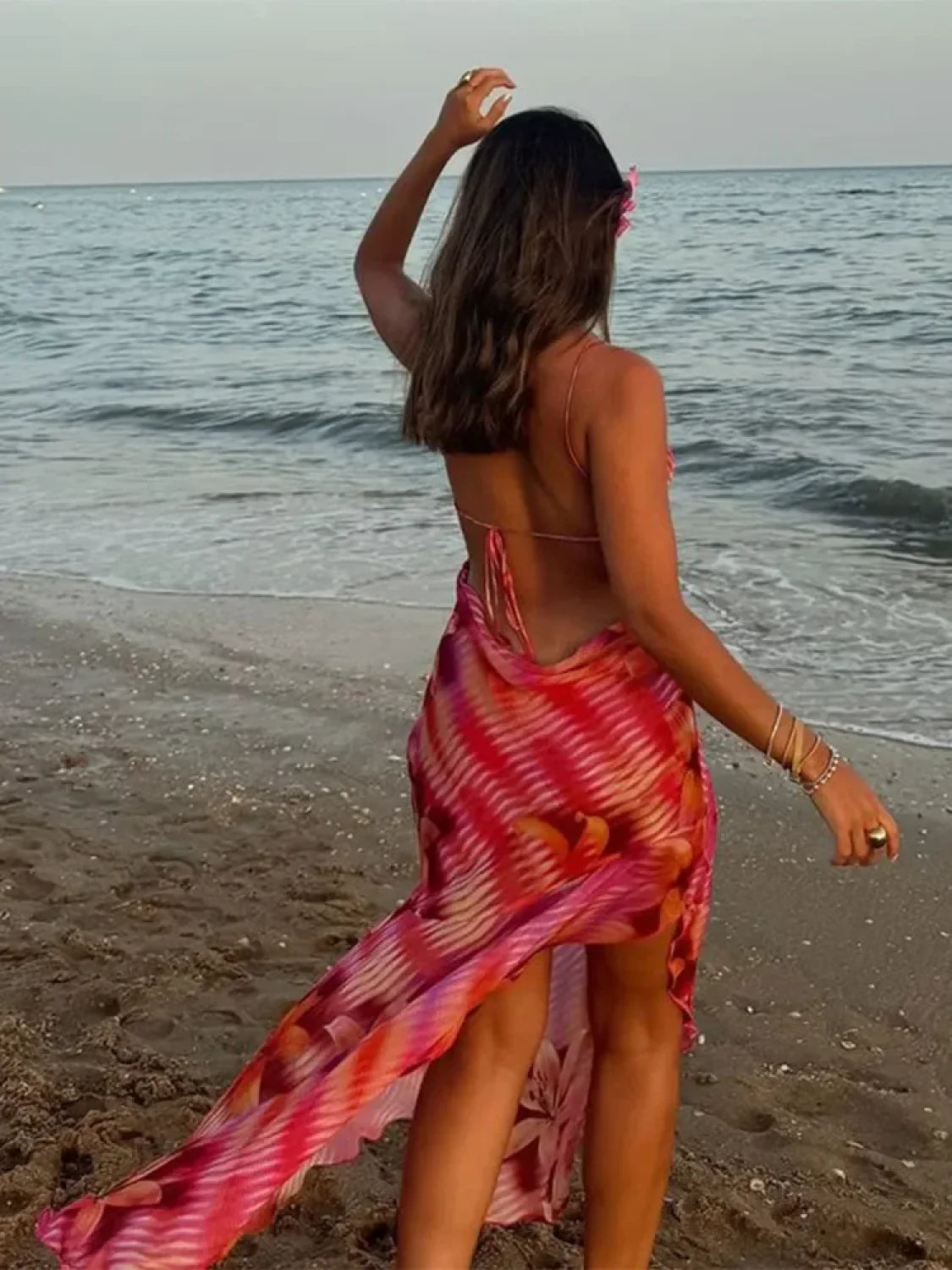 Chic V-neck Beach Ruffles Backless Floral Dress floraldress-250126