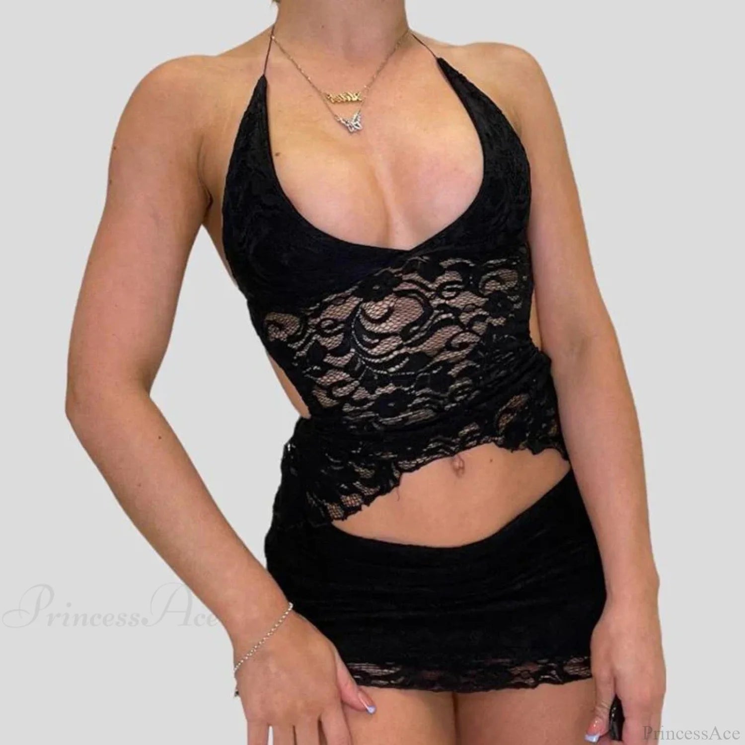 Chic V Neck Halter Tie-Up Bandage Crop Top Mini Pencil Skirt Two Pieces Set twopiecesset-250126